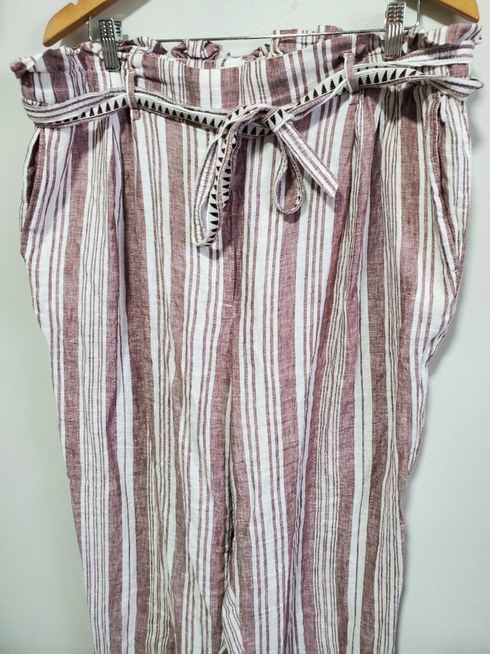 H&M x LEMLEM 100% Linen 28" Paperbag Pants Red White Stripe XL Belt Beach Travel - Picture 5 of 14